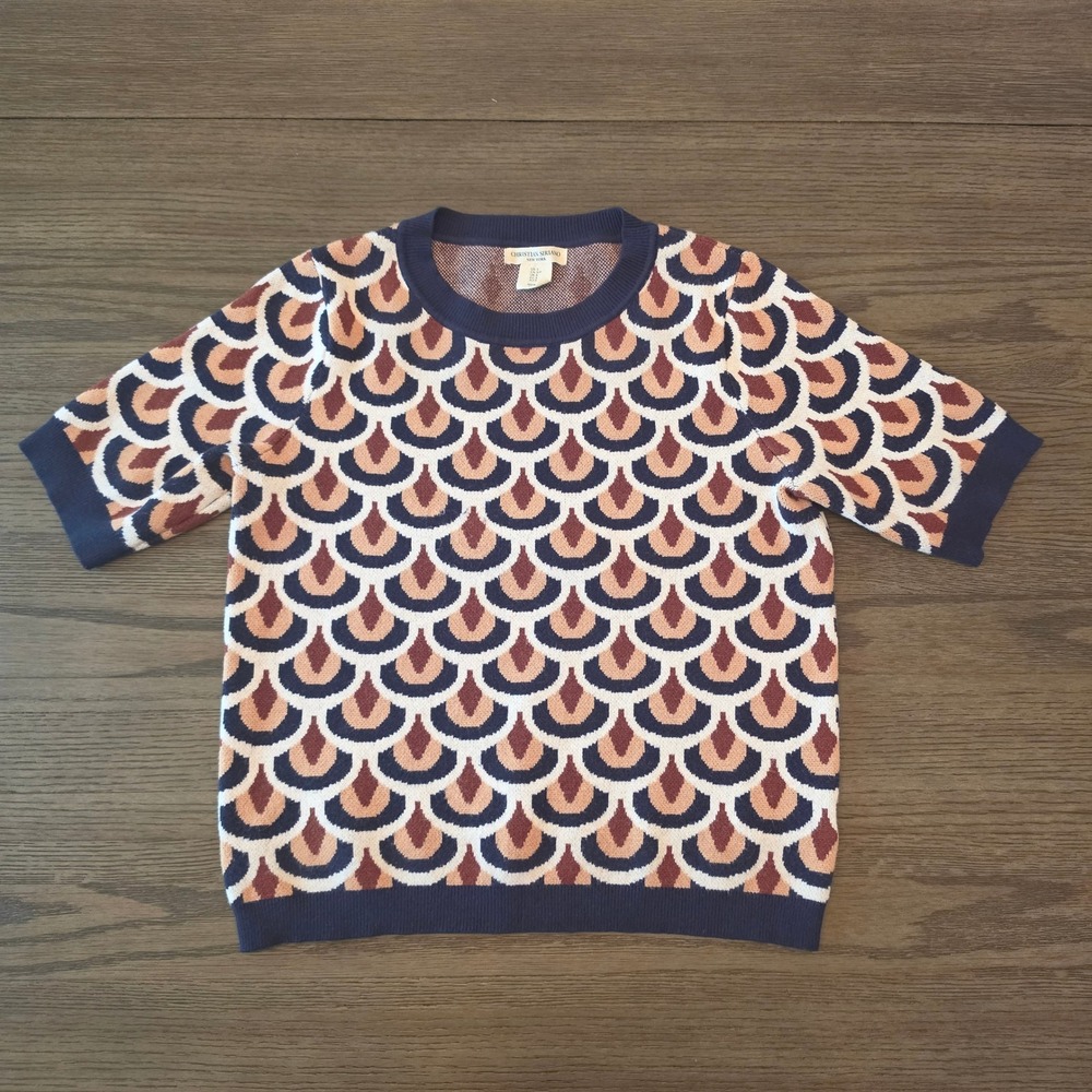 Christian Siriano New York Scallop Knit Short Sleeve Sweater Navy Rust Small
